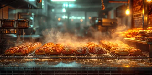 Foto op Plexiglas baking machine and rack of breads, dreamlike quality, dark orange and silver, emphasis on mood and atmosphere, weathercore, clear edge definition © Smilego