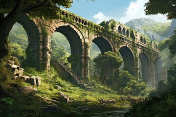 Fototapeta premium Painting of Bridge in Forest, Tranquil Pathway Overlooking Scenic Woods, An ancient aqueduct in a lush landscape, AI Generated