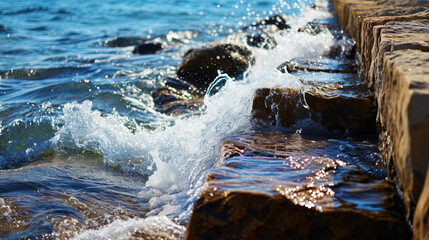A photograph of sea elements, where waves break on stone barriers, creating an enchanting water pe