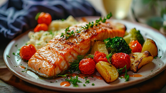 A plate with a movie mixed with vegetables, baked salmon and fresh green bulbs