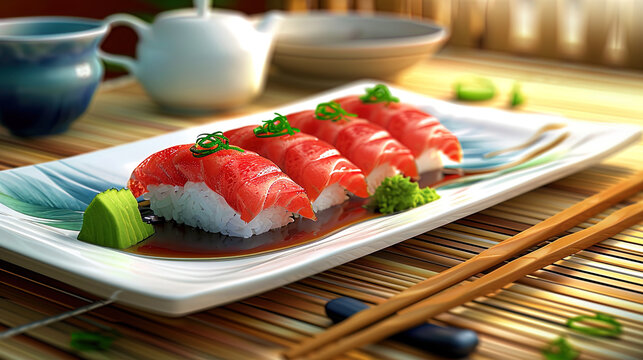 A plate with tuna sashim, served on a puff bed from avocado, soy sauce and ginger