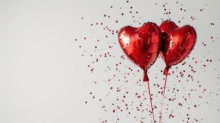 Generative AI, Foil red balloons in heart shape and confetti for Valentine's day or wedding with copy space
