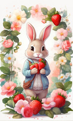 White rabbit with delicious strawberries among the flowers