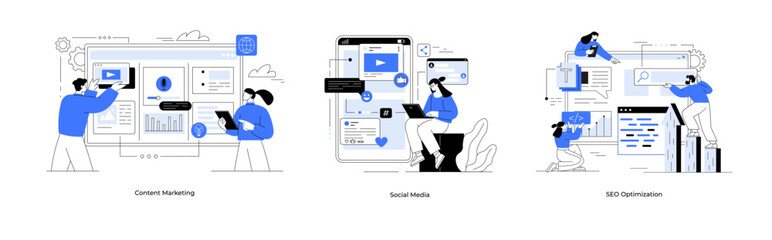 SEO optimization and social media content marketing set. SEO optimization for marketing social media website. Seo interface for website strategy and research planing. SMM, digital marketing, search
