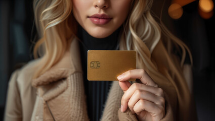 woman holding a credit card in hand - obrazy, fototapety, plakaty
