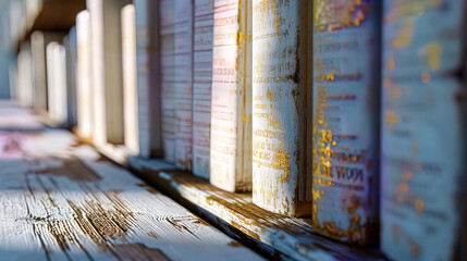 A stunning view of books with bindings made of white wood with golden intersperses that create the - obrazy, fototapety, plakaty