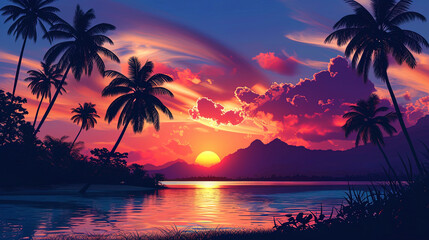 A tropical landscape with palm trees surrounded by cocktail colors of the setting sun