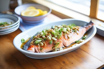 asian-style baked salmon with ginger and green onions