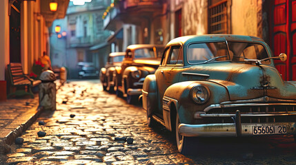 A vintage background with retro cars and old gas stones on the street - obrazy, fototapety, plakaty