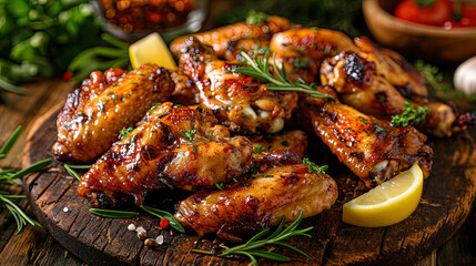 Baked chicken wings with fragrant herbs, lemon and garlic, create a delicious visual image - obrazy, fototapety, plakaty