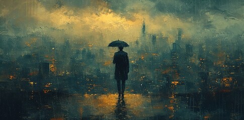 business man in rain with umbrella, city and cloud, rain, umbrella, man on the hill, umbrella, in the style of photo-realistic landscapes, moody and tranquil scenes, urban cityscapes, passage, high-an
