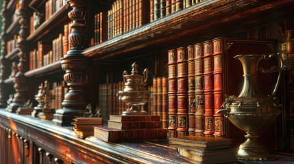 Books in red leather bindings arranged in the Gothic style create a mysterious atmosphere in the a - obrazy, fototapety, plakaty