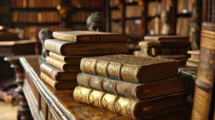 Books with gold covers and velvet bindings, exhibited at the ancient tables of libraries - obrazy, fototapety, plakaty