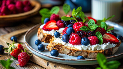 Breakfast with toasts made of whole grain bread, abundantly smeared cottage cheese, fresh berries - obrazy, fototapety, plakaty