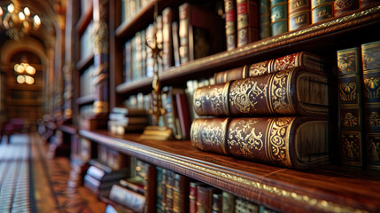 Books with leather covers and golden embossed patterns, built on colors on the shelves of a majest