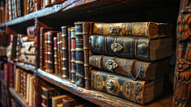 Books in Black leather bindings with silver locks, exhibited in the ancient cabinets of the librar