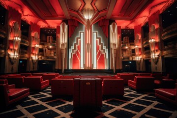 A spacious theater with red seats and a stage, perfect for hosting a variety of performances, An Art Deco style cinema in a cosmopolitan city, AI Generated