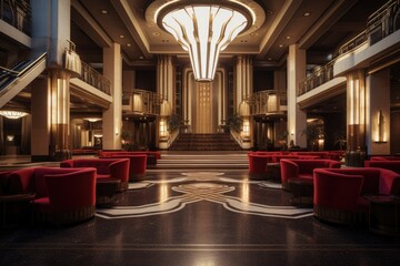 A grand lobby showcasing red chairs and an elegant chandelier, creating a welcoming ambiance for guests, An Art Deco style cinema in a cosmopolitan city, AI Generated - obrazy, fototapety, plakaty