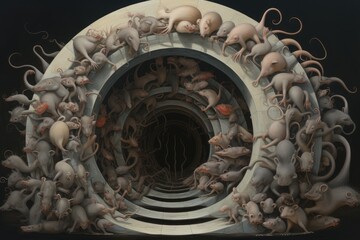 A captivating sculpture depicting an assortment of animals in a variety of dynamic poses, An art piece depicting animals creating complex tunnels, AI Generated