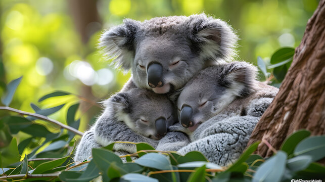A family of koalas cuddled up on eucalyptus trees, capturing their adorable and sleepy nature