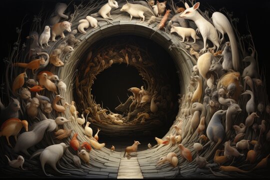 A collection of various animals gathered inside a tunnel, An art piece depicting animals creating complex tunnels, AI Generated