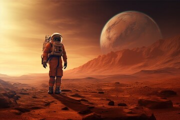 A lone astronaut in a bright orange space suit stands on a rugged and rocky alien landscape, An astronaut exploring the surface of Mars, AI Generated
