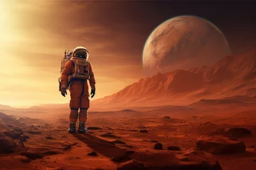 Keuken foto achterwand A lone astronaut in a bright orange space suit stands on a rugged and rocky alien landscape, An astronaut exploring the surface of Mars, AI Generated © Iftikhar alam