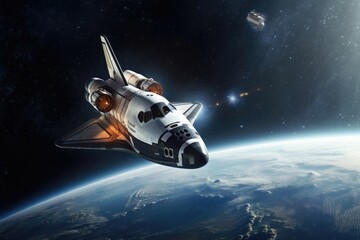 A space shuttle soars across the sky, allowing astronauts to observe the beauty of our planet from above, An astronaut floating towards a futuristic space shuttle, AI Generated