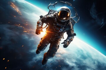 A man in a space suit floating weightlessly in the air, surrounded by darkness, An astronaut floating towards a futuristic space shuttle, AI Generated