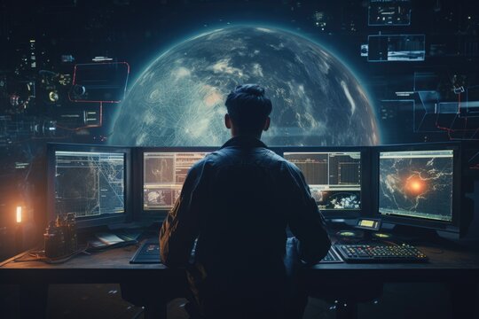 A man stands in front of two computer monitors, focused and engaged with his work, An astronaut communicating with the control room, AI Generated