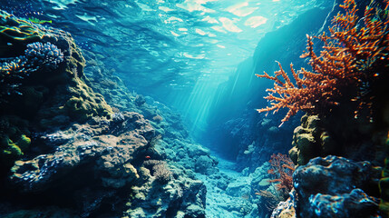 Fascinating view of deep coral walls, immersed in the blue waters of the ocean