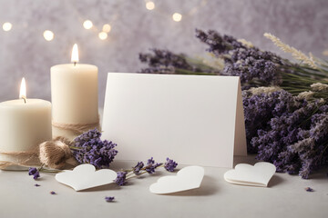 A romantic, minimal and floral concept photo with lavenders, candles and note paper