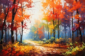 Painting of a Serene Path Through a Dense Forest, An autumn landscape showing trees covered in bright, vibrant leaves, AI Generated
