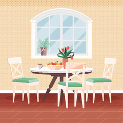 Kitchen interior vector illustration. Cooking and dining blend seamlessly in well-decorated kitchen and dining room Comfy and stylish furniture in kitchen creates welcoming dining atmosphere