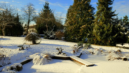 sonnige, winterliche Gartenanlage mit Teich an Terrasse angrenzend