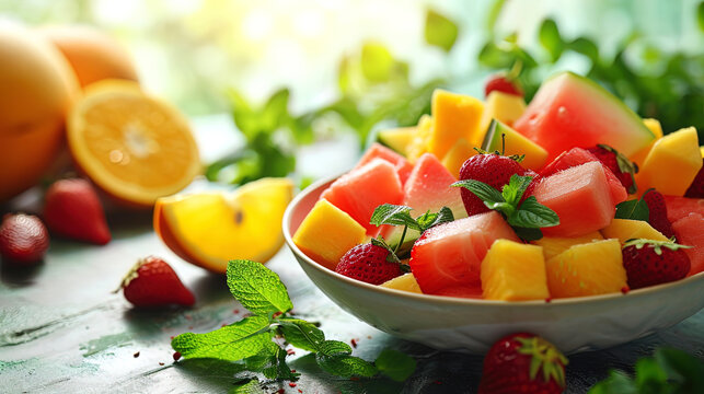Juicy fruit salad with watermelon cubes, orange slices and strawberries, decorated with mint leave