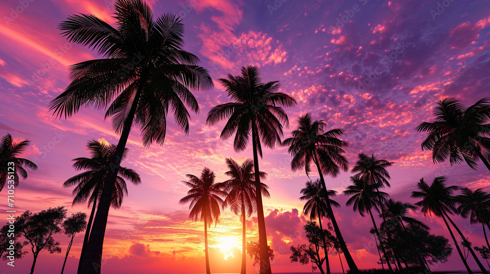 Poster palms surrounded by purple shades of sunset create a warm and romantic atmosphere - Posters