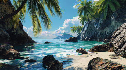 Palms peering out from behind the rocks on the beach create a mysterious and secluded space - obrazy, fototapety, plakaty
