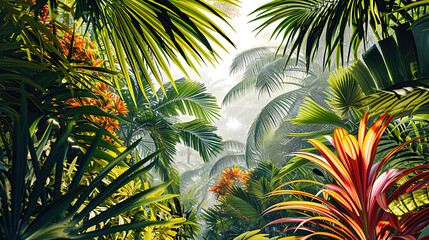 Palms framed by bright colors of tropical plants create a fragrant corner of paradise - obrazy, fototapety, plakaty