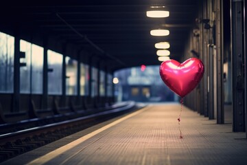 A heart shaped balloon sits peacefully on the side of a bustling train station, capturing the attention of passersby, An empty train station platform with a lone love heart balloon, AI Generated