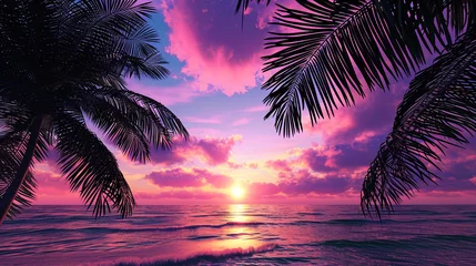Foto op Canvas Palm trees framed by purple and pink shades of sunset create an incredible sight © JVLMediaUHD
