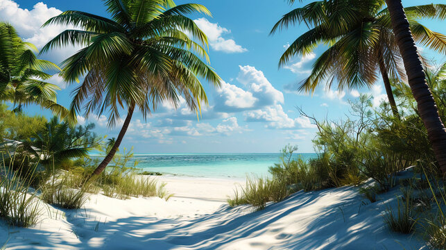 Palm oases bordered by snow white sand, where the branches of palm trees caress a light sea breeze