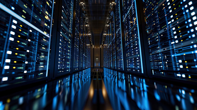 Panoramic photo of a huge server room with arrays of servers, creating an impressive technological