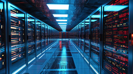 Photo of a server room with individual servers, decorated in the form of art and placed in the lin - obrazy, fototapety, plakaty