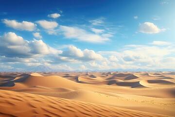 Fototapeta na wymiar An image of a desert featuring rolling sand dunes with a picturesque backdrop of clouds in the sky, An endless desert with sand dunes stretching to the horizon, AI Generated