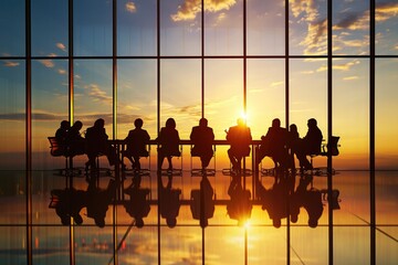 A silhouette of a business meeting during a dramatic sunset, reflections on a shiny table. Mood:...