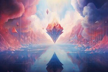 Surreal Landscape Digital Painting, An ethereal dreamscape filled with floating geometric shapes, AI Generated