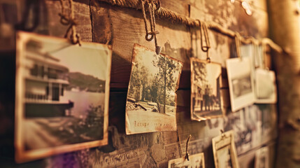 Retro picture with vintage photos hung on ropes with pins - obrazy, fototapety, plakaty