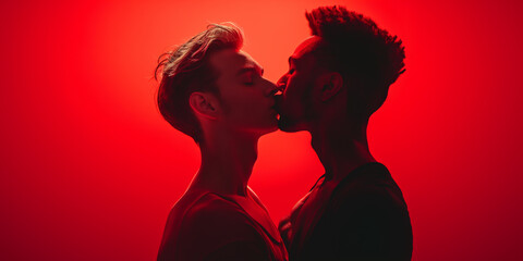Zwei Männer küssen sich leidenschaftlich vor rotem Hintergrund