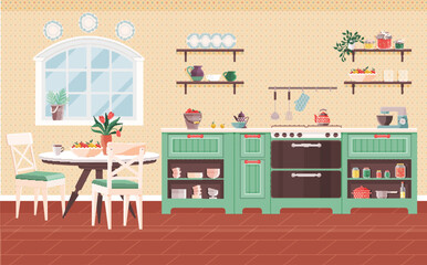 Kitchen interior vector illustration. Equip your domestic kitchen with comfy furniture for delightful cooking space Stylish decoration and cookware create cosy and welcoming kitchen ambiance